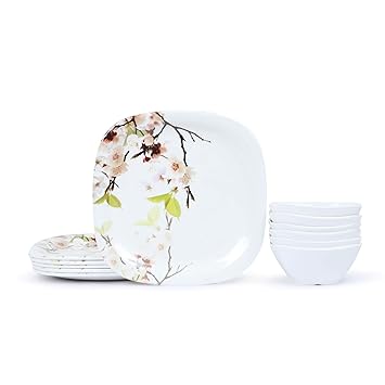 Melamine Square Quarter Plates & Veg. Bowl (Pack of 12, 7 Inches, Floral Print) (GF-QPB-2-12)
