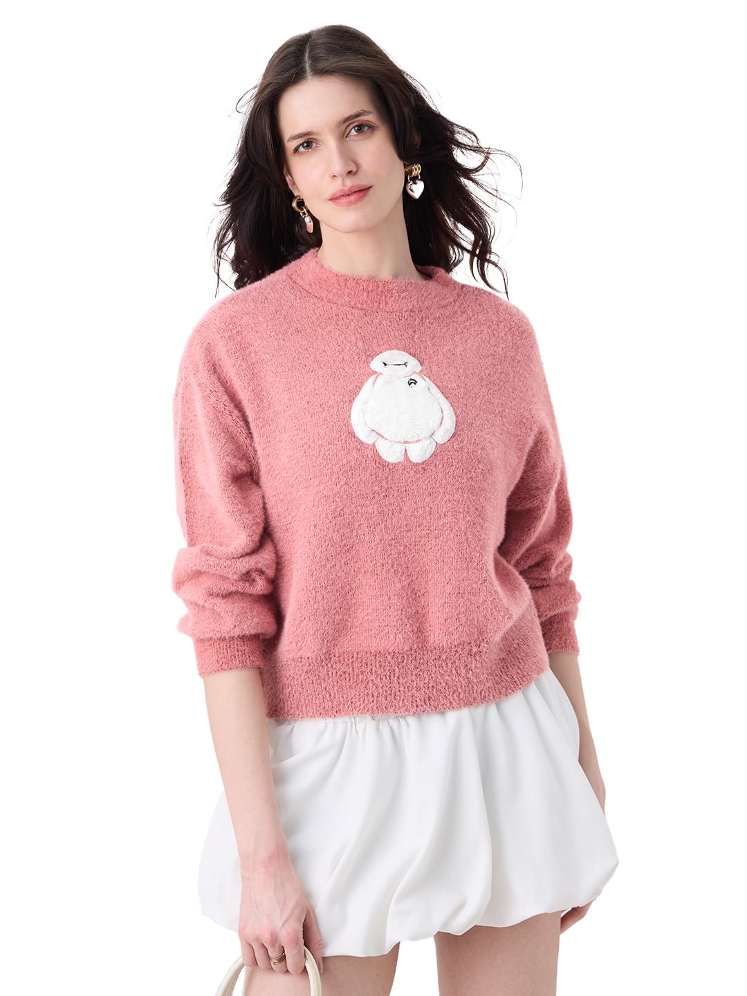 the souled store Disney: Fuzzy Baymax Women and Girls Full Sleeves Round Neck Light Pink Graphic Printed Acrylic Nylon Oversized Fit Fuzzy Casual Winter Pullover Sweater-picture-35
