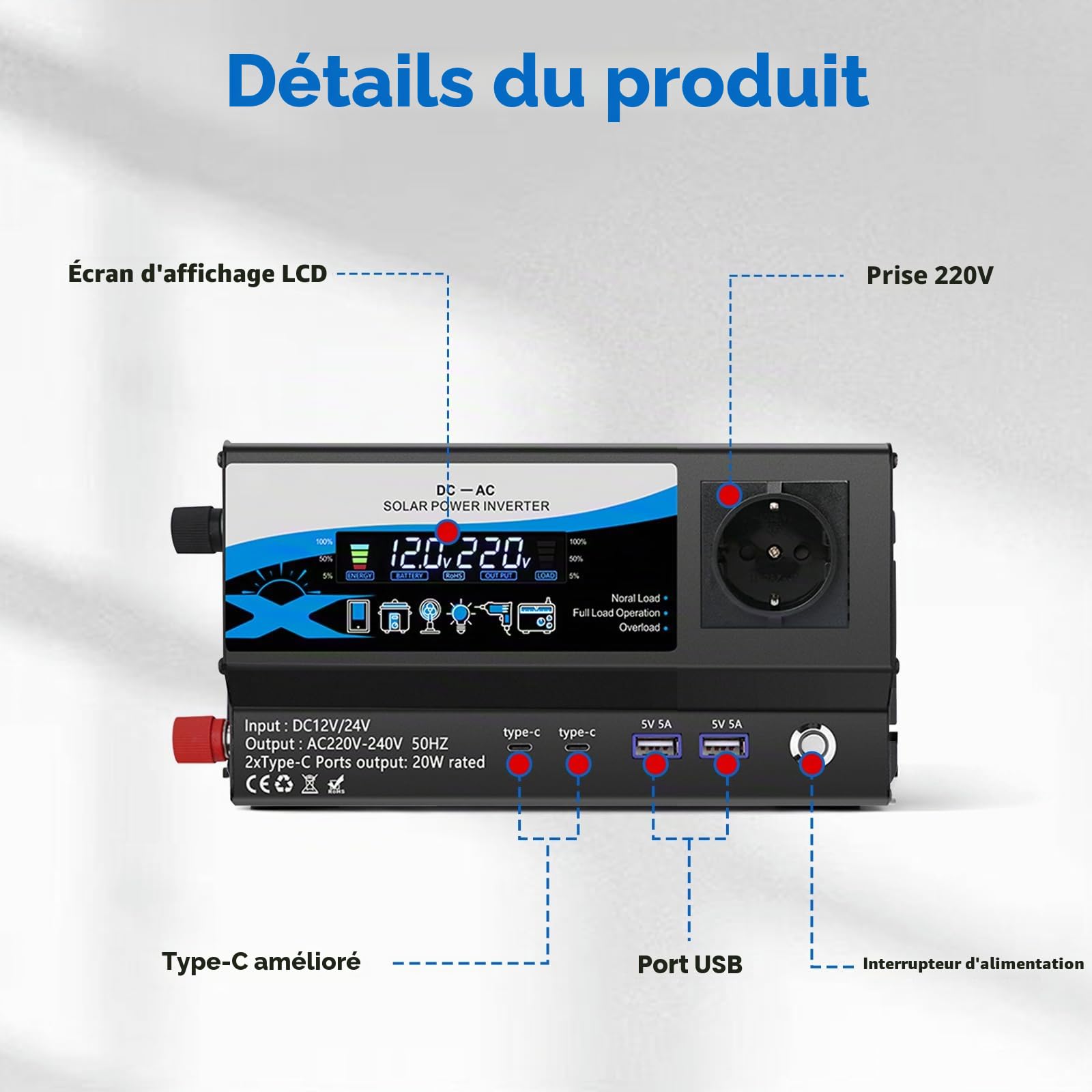 Convertisseur 12V/24V 220V 1200W, Onduleur de Voiture avec 2 Prises AC, 2X USB & 2X Type-C, Allume-Cigare et Affichage LED, pour Camping-Car Camping