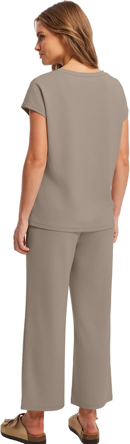 Saloogoe Two Piece Sets for Women Summer Outfits Lounge Sets V Neck Tops Wide Leg Pants Woman Vacation Travel Outfits - Image 5