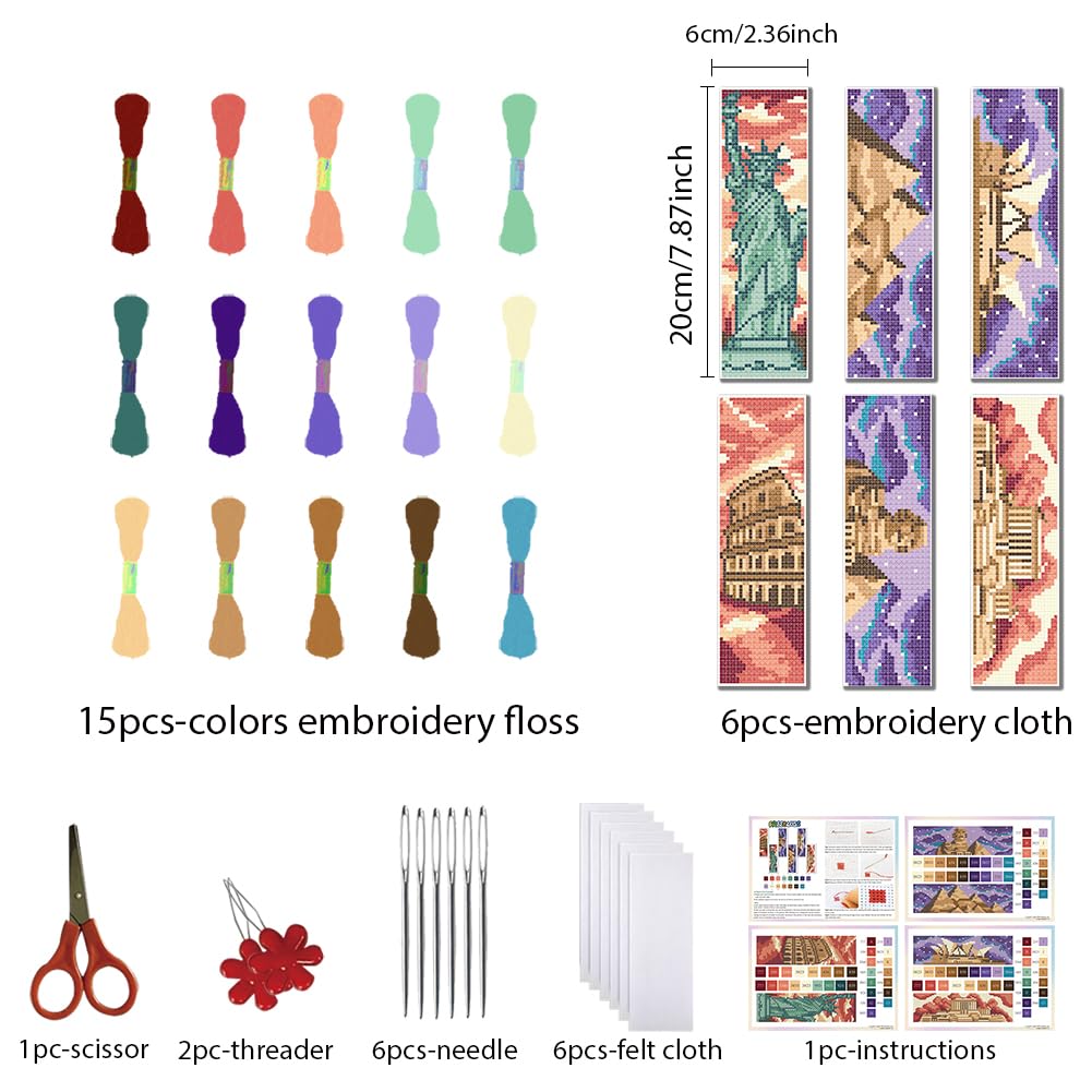 FREEBLOSS 6 Set Cross Stitch Bookmark Stamped Cross Stitch Kit with Colorful Places of Historic Interest Embroidery Kit with Instruction DIY Bookmark Kit for Gift Adults 8.66''*3.14''