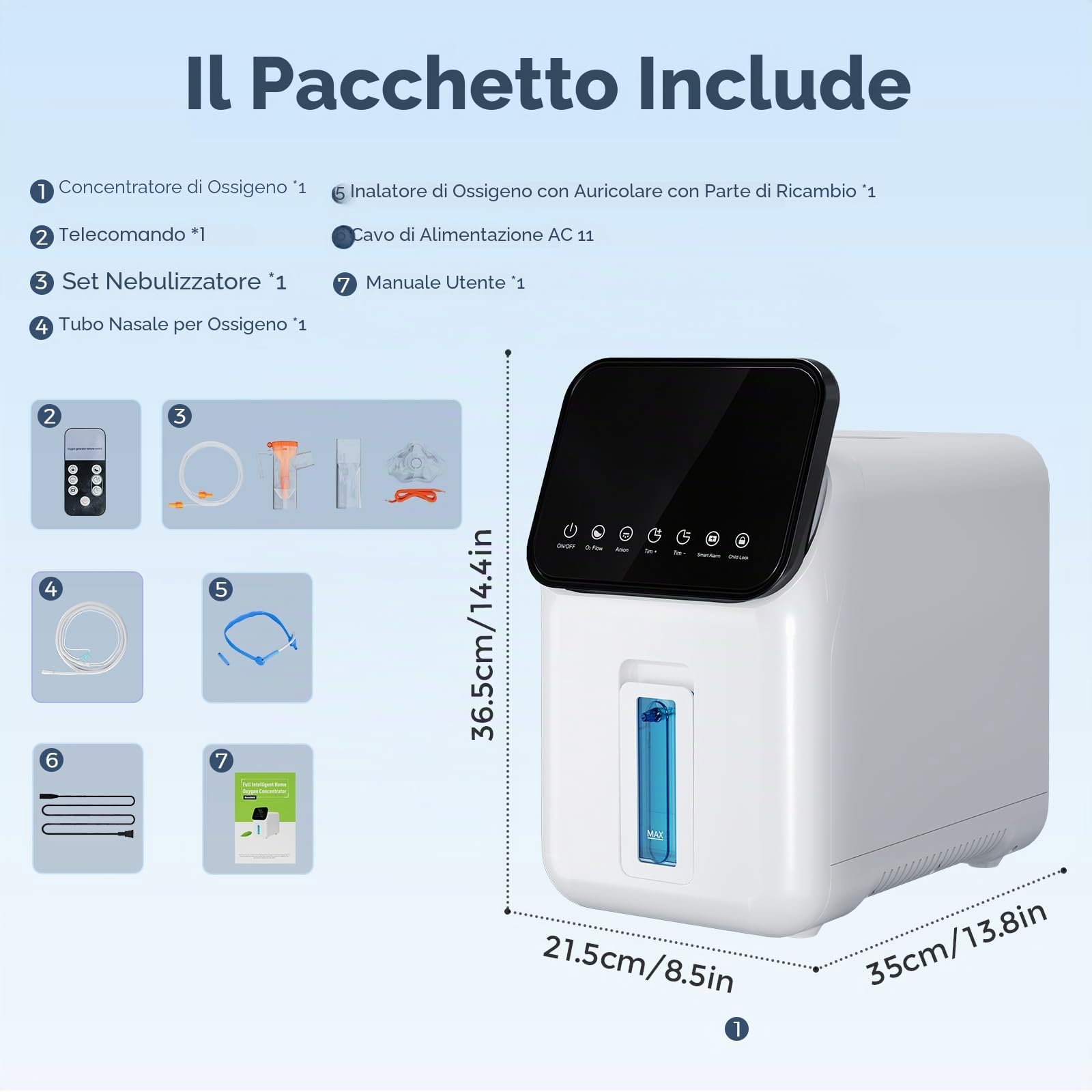 Generatore di ossigeno, concentratore di ossigeno regolabile da 5 litri, concentratore di ossigeno silenzioso per uso domestico, accessori completi per le emergenze