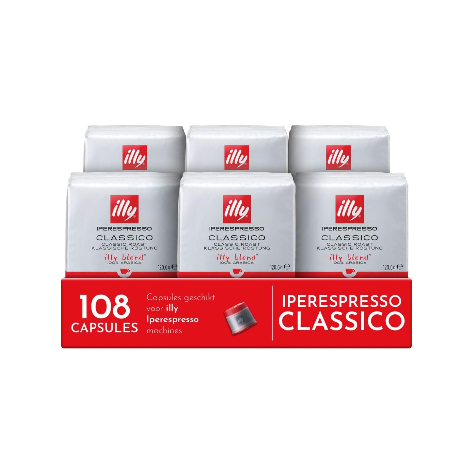 illy Coffee, Classico - Cápsulas de café expreso, tostado medio, 100% café arábica, paquete de 6 x 18 cápsulas