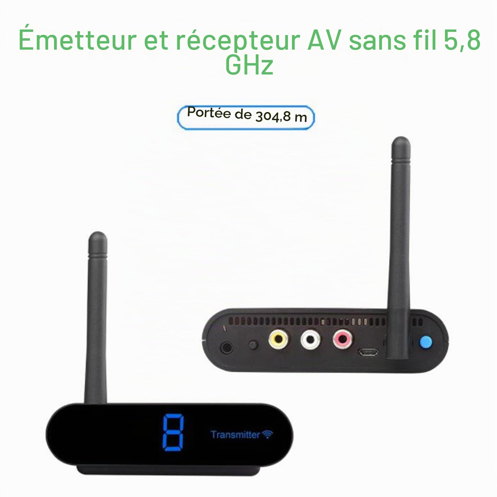 Récepteur émetteur Audio sans Fil 5,8 GHz, émetteur AV sans Fil 8 Canaux, Portée 300 M, avec écran Numérique (Prise UE)