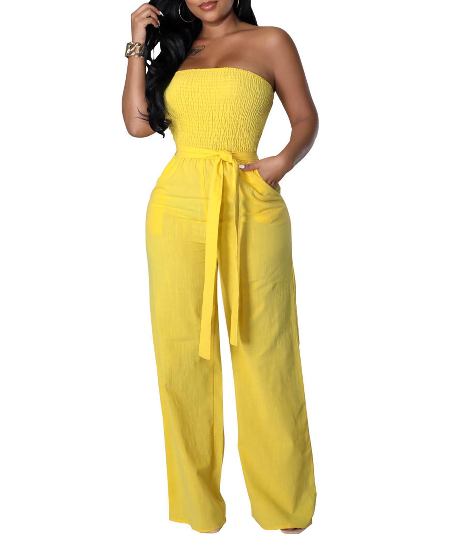 ECDAHICCWomen's Strapless Tube Top Rompers Casual Off Shoulder Solid Color Belted Wide Leg Jumpsuit with Pockets
