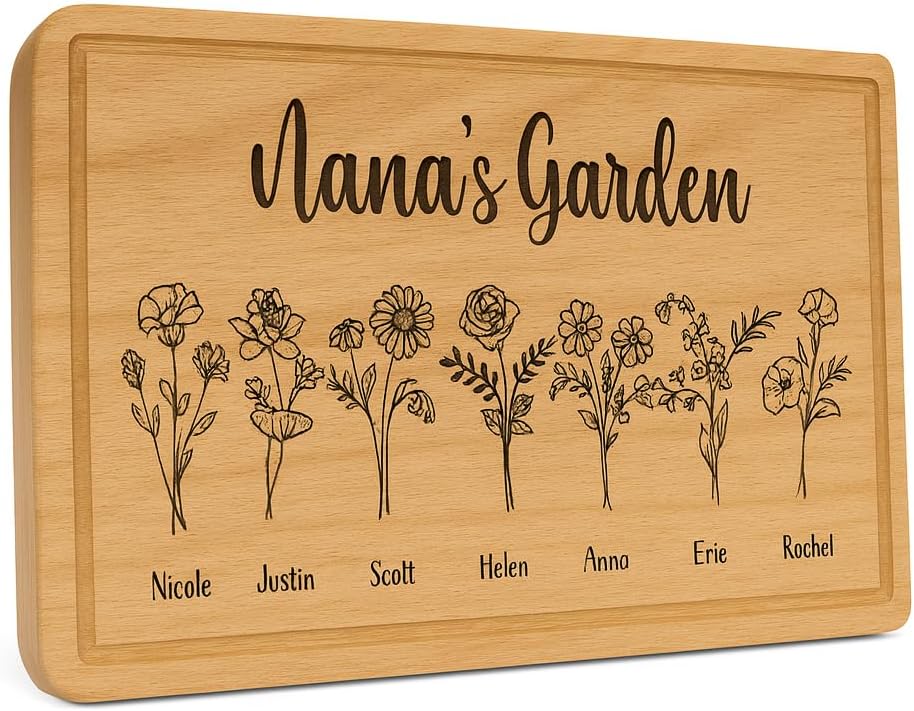 Personalized Birth Flower Cutting Board for Grandma - Custom Engraved Wooden Cutting Board, Nana’s Garden Gift - Family Name Keepsake Kitchen Decor, Christmas Birthday Gift for Mimi Grandmom Mom