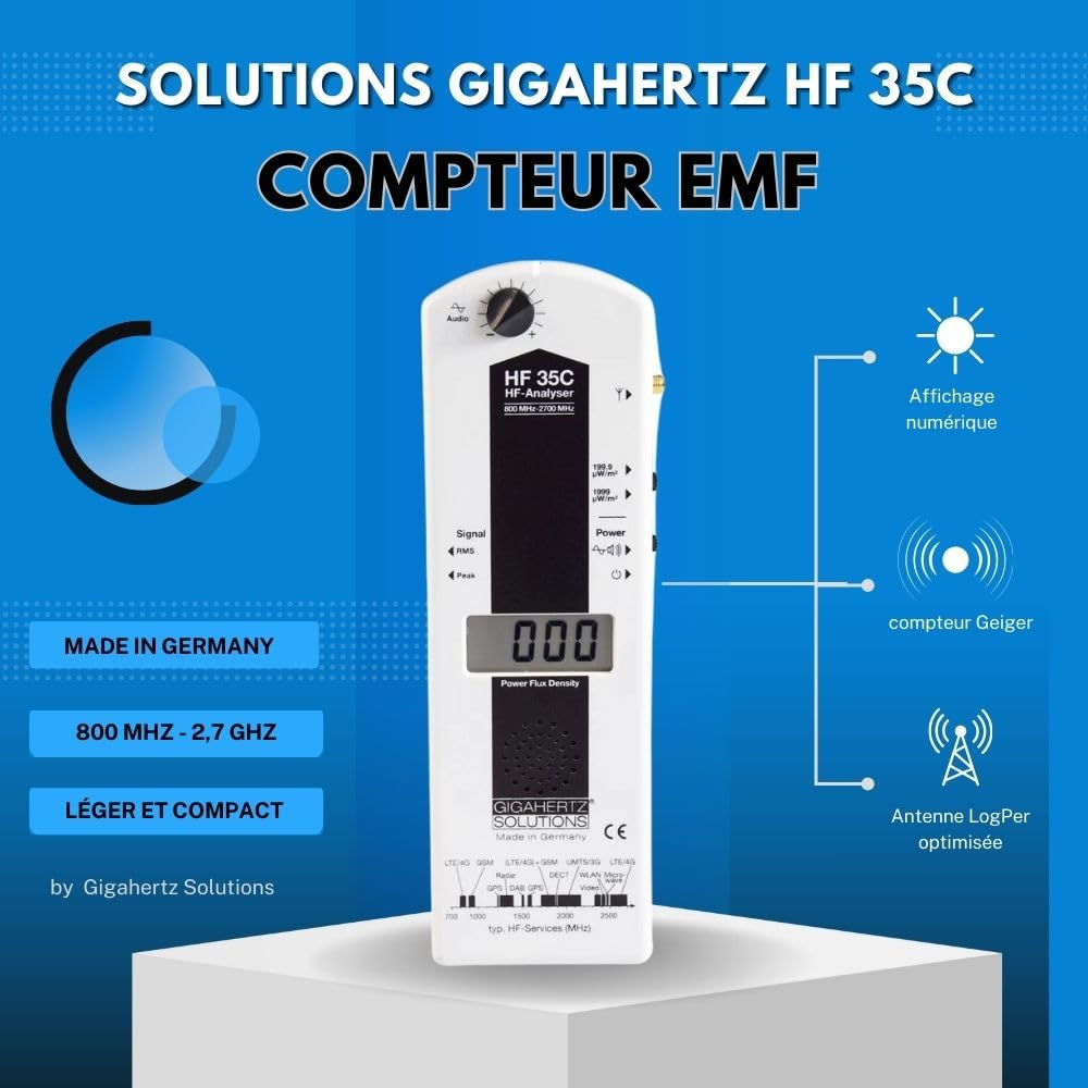 Gigahertz Solutions Appareil de Mesure de la Pollution électromagnétique à Haute fréquence HF35C | Antenne LogPer brevetée (800 MHz - 2,7 GHz) | Détecteur 4G/WiFi fiable | Mesure précise & Simple