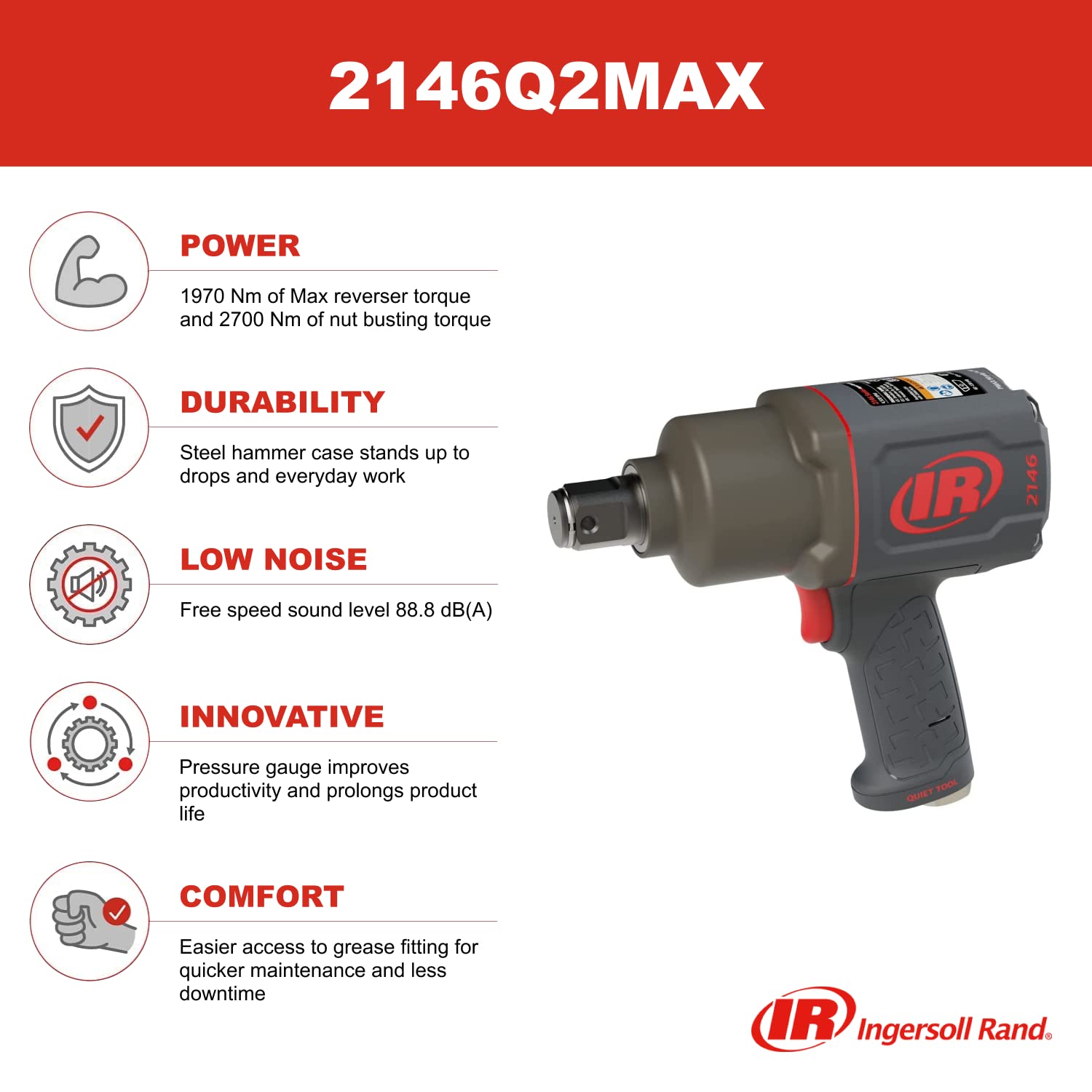 Ingersoll-Rand 2146Q2MAX Clé à Chocs Pneumatique, 1 Pouce, Composite, Faible Bruit, 1970 Nm de Couple, Légère et Durable, 1 Unité
