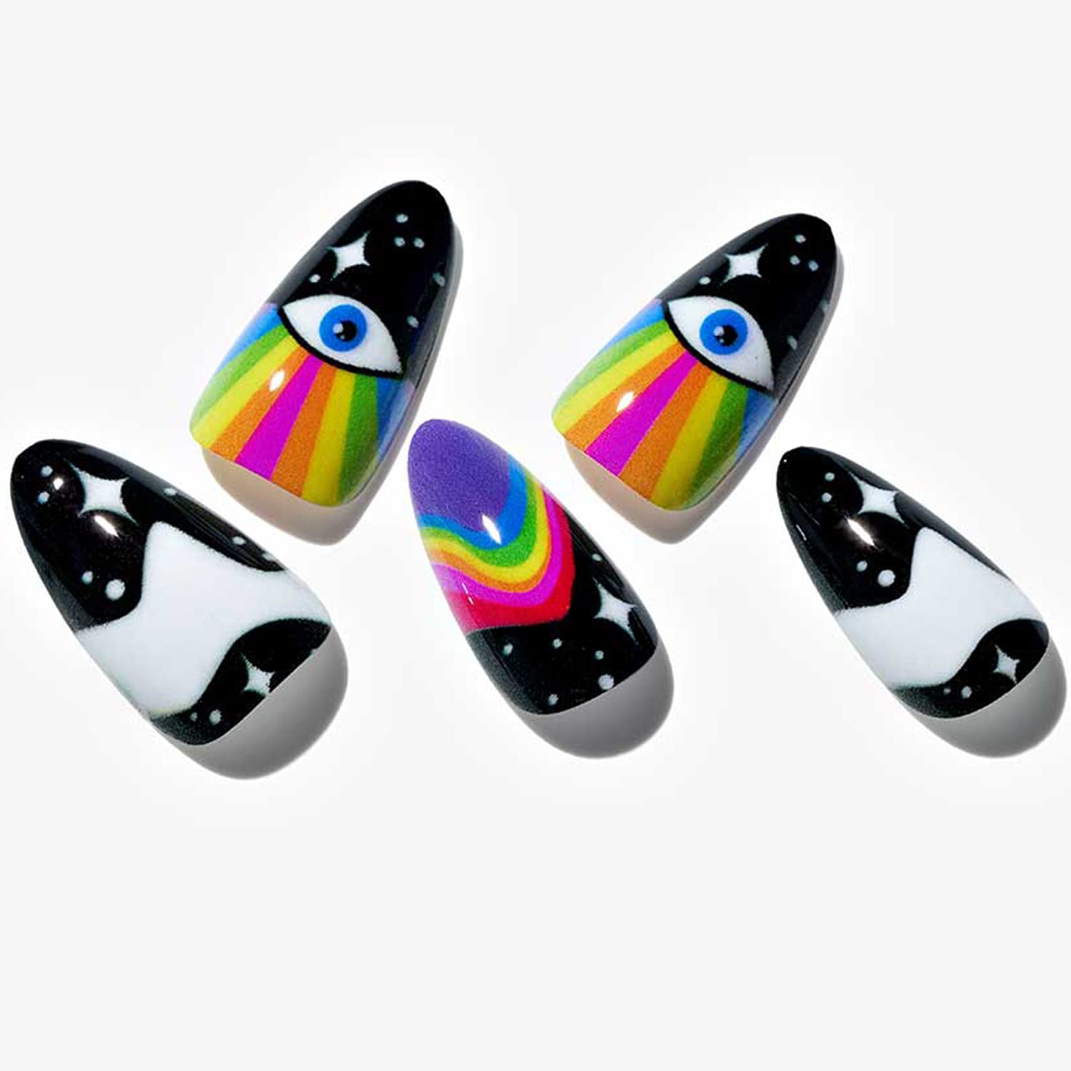 GLAMERMAID Black Press on Nails Medium Almond, Halloween Emo Fake Nails Short Oval with Gothic Eyes Desgin, Rainbow Star Glossy Gel Acrylic Stiletto Stick on False Nails Set Reusable for Women Gift