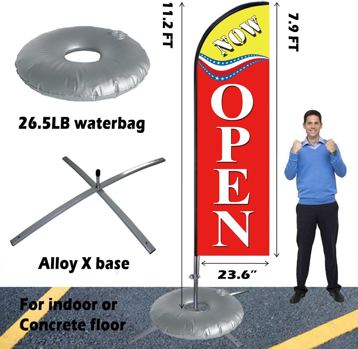 Open Themed Swooper Flag Pole Kit for Businesses,Now Open Advertising Banner Kit Include Feather Flag,Banner Pole,Ground Stake and Travel Bag-12 Feet (2 Pack with X Base)