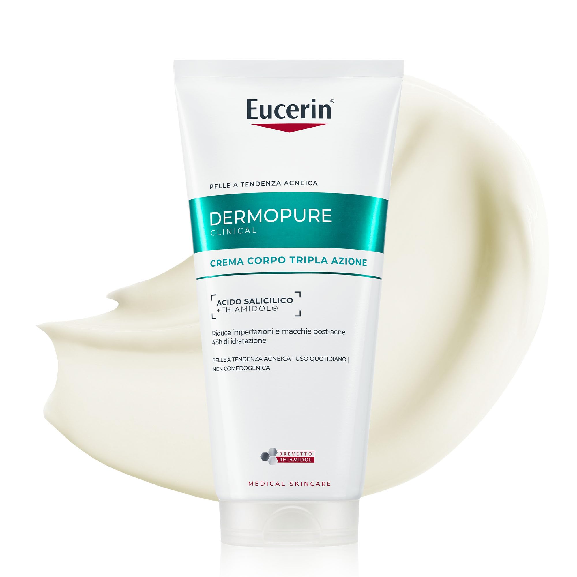 Eucerin DermoPure Clinical Crema Corpo Tripla Azione 200 ml, Crema acne idratante, anti-imperfezioni, anti-macchie ed esfoliante corpo con Acido Salicilico e Thiamidol per pelle grassa e acneica