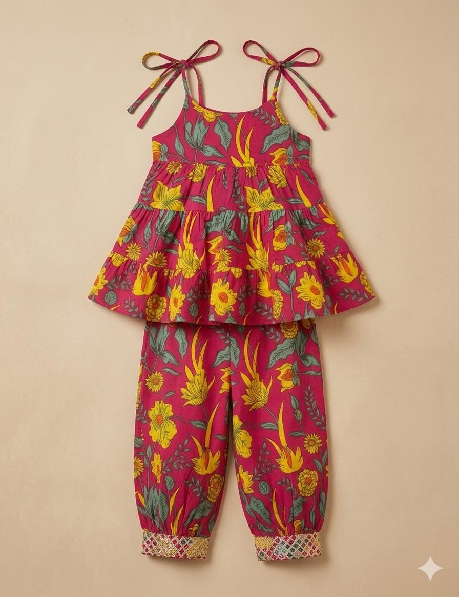 A.T.U.N. (ALL THINGS UBER NICE) Set pigiama Kurti per ragazze, 100% cotone, con stampa floreale, abito etnico tradizionale, morbido tessuto traspirante, vestibilità comoda, elegante per feste
