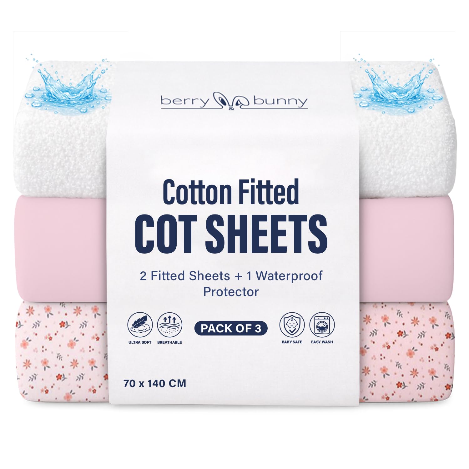 Berry & Bunny 3 Pack Cot Bed Sheets 140 x 70 cm – 100% Cotton 2 Fitted Sheets & 1 Waterproof Mattress Protector Cover – Soft Breathable Cot Sheets for Baby Mattress – Pink Flower