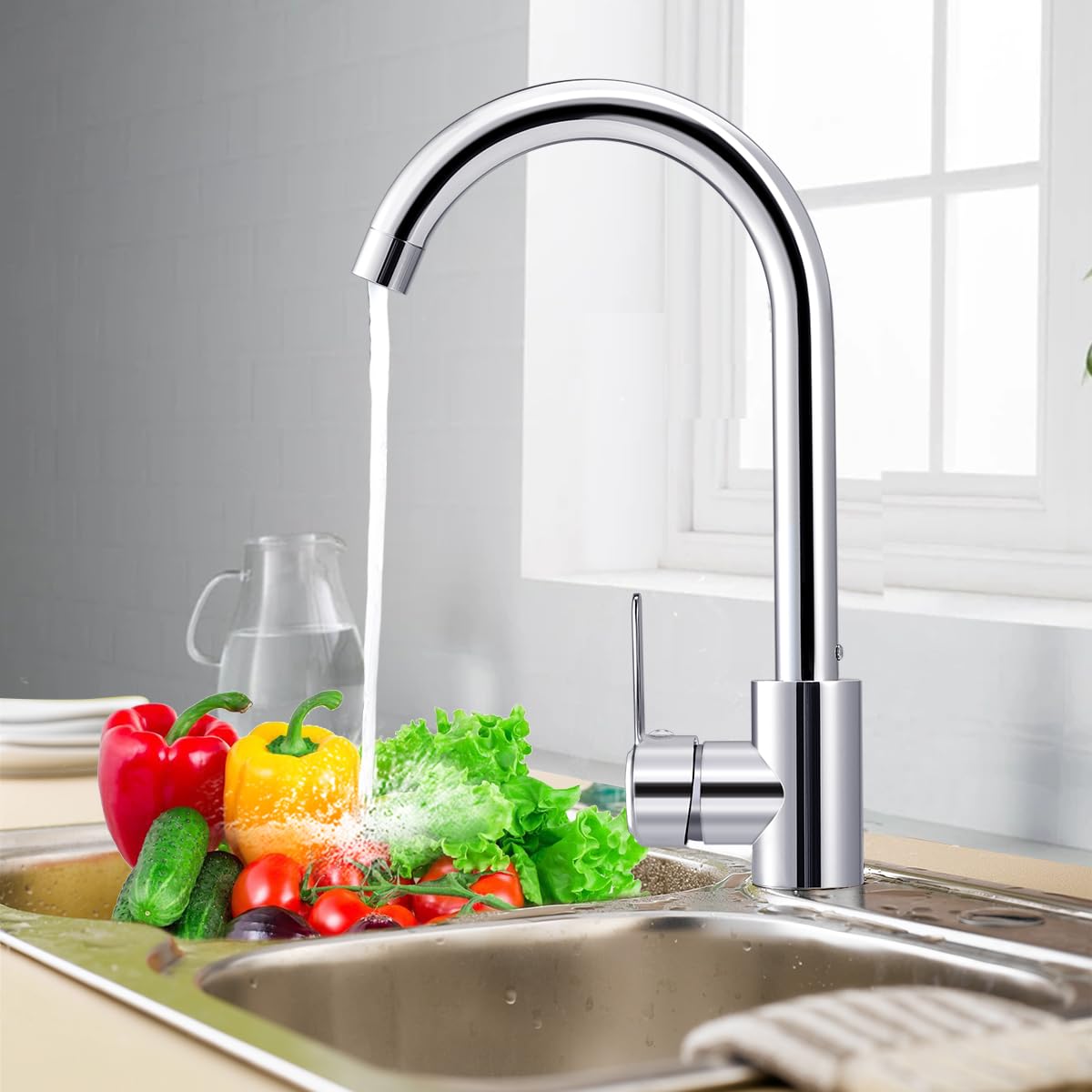 Hanstore Kitchen Sink Mixer Tap with Hoses, Modern Stainless Steel 360° Monobloc Single Lever Swivel Spout - Image 2
