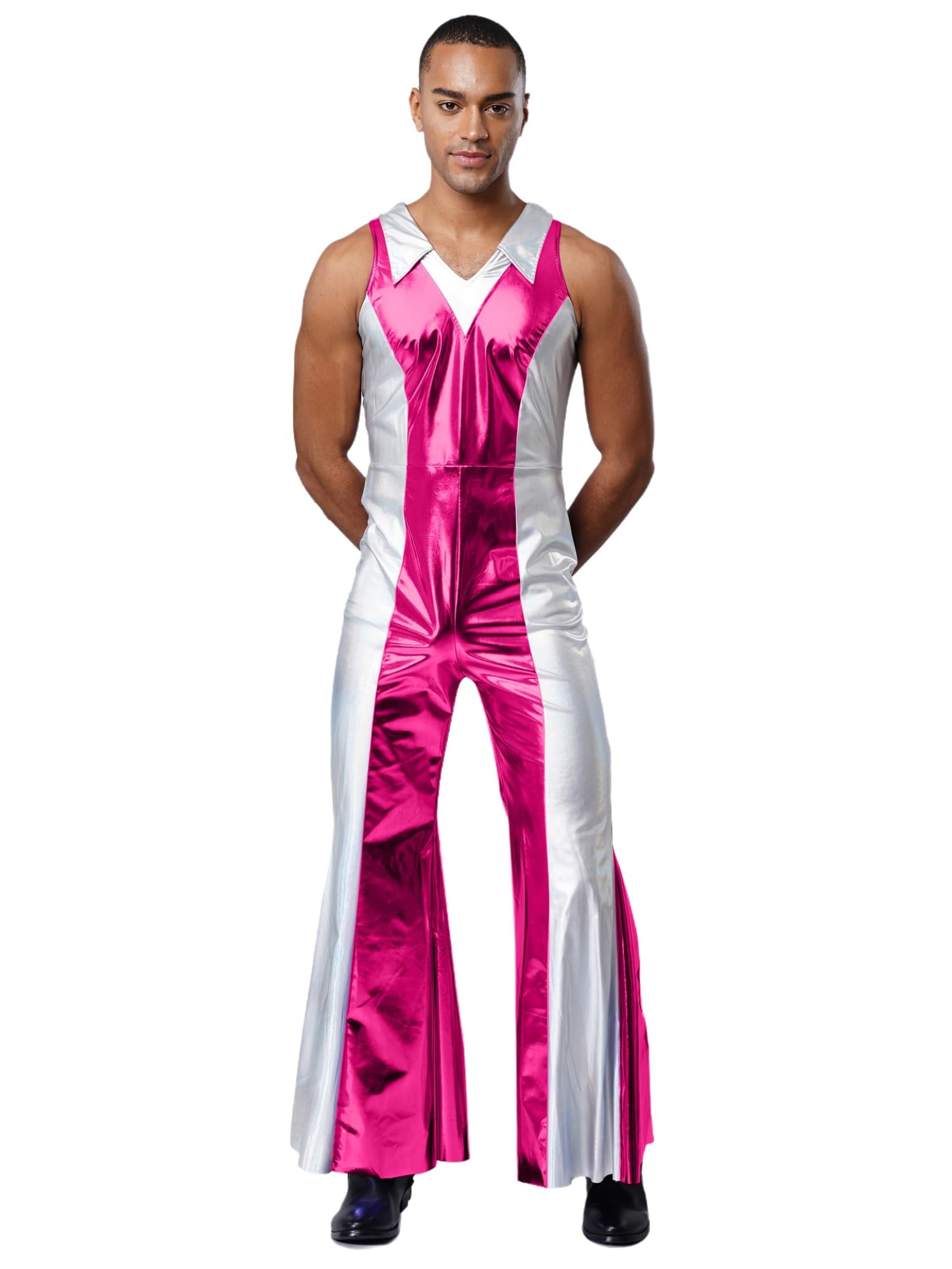 Hedmy Men's 70s 80s Contrast Color Jumpsuit Lapel V-neck Metallic Shiny Flared Pants Disco Halloween
