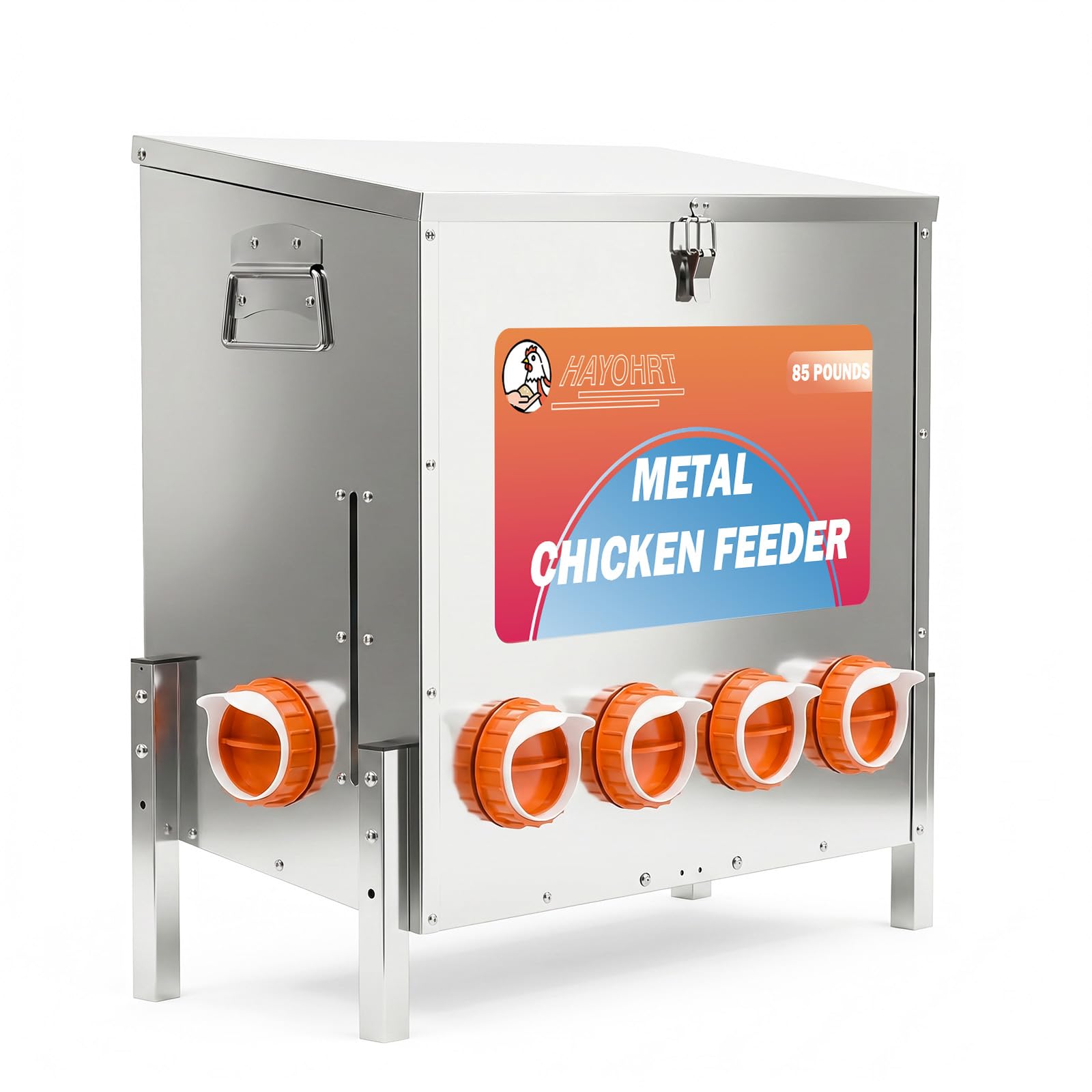 Alimentador automático de pollos de 85 libras, 6 puertos, alimentador de pollo alimentado por gravedad grande con patas ajustables, pestillo de ventana y mango para pollos, bantamos, faisanes