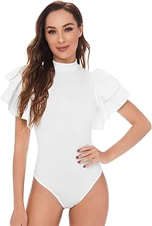SOLY HUX Women's Mock Neck Ruffle Butterfly Sleeve Skinny Bodysuit