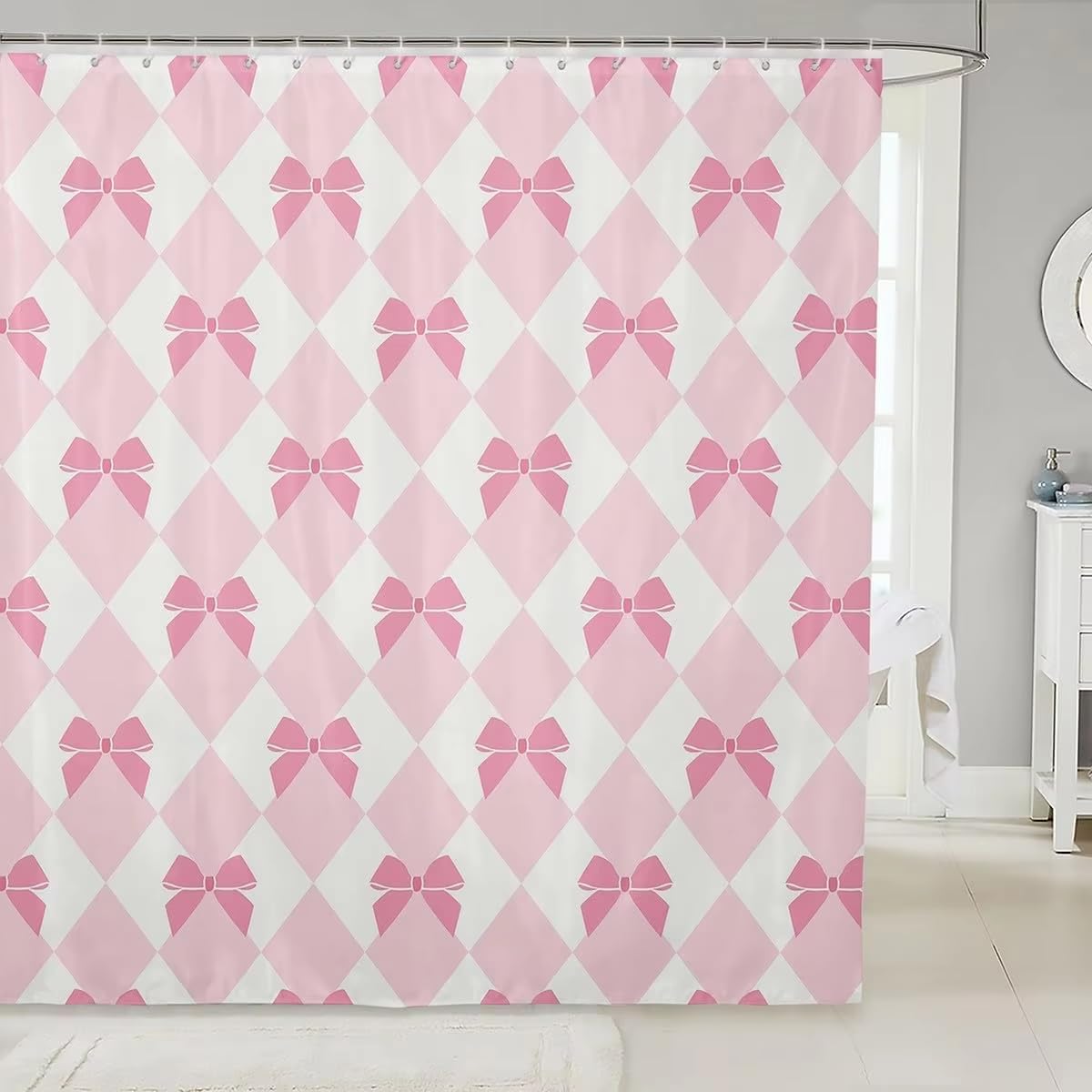 KELAIMI Argyle Bow Shower Curtain,Cute Coquette Style Geometric Bathroom Curtains,Simple Waterproof Polyester Fabric Bathtub Curtains with Hooks Pink 90X180Cm