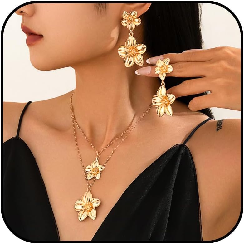 Frodete Large Double Flower Necklace Earrings Set for Women Chunky Gold Layered Floral Jewelry Boho Statement Necklace and Earrings Set