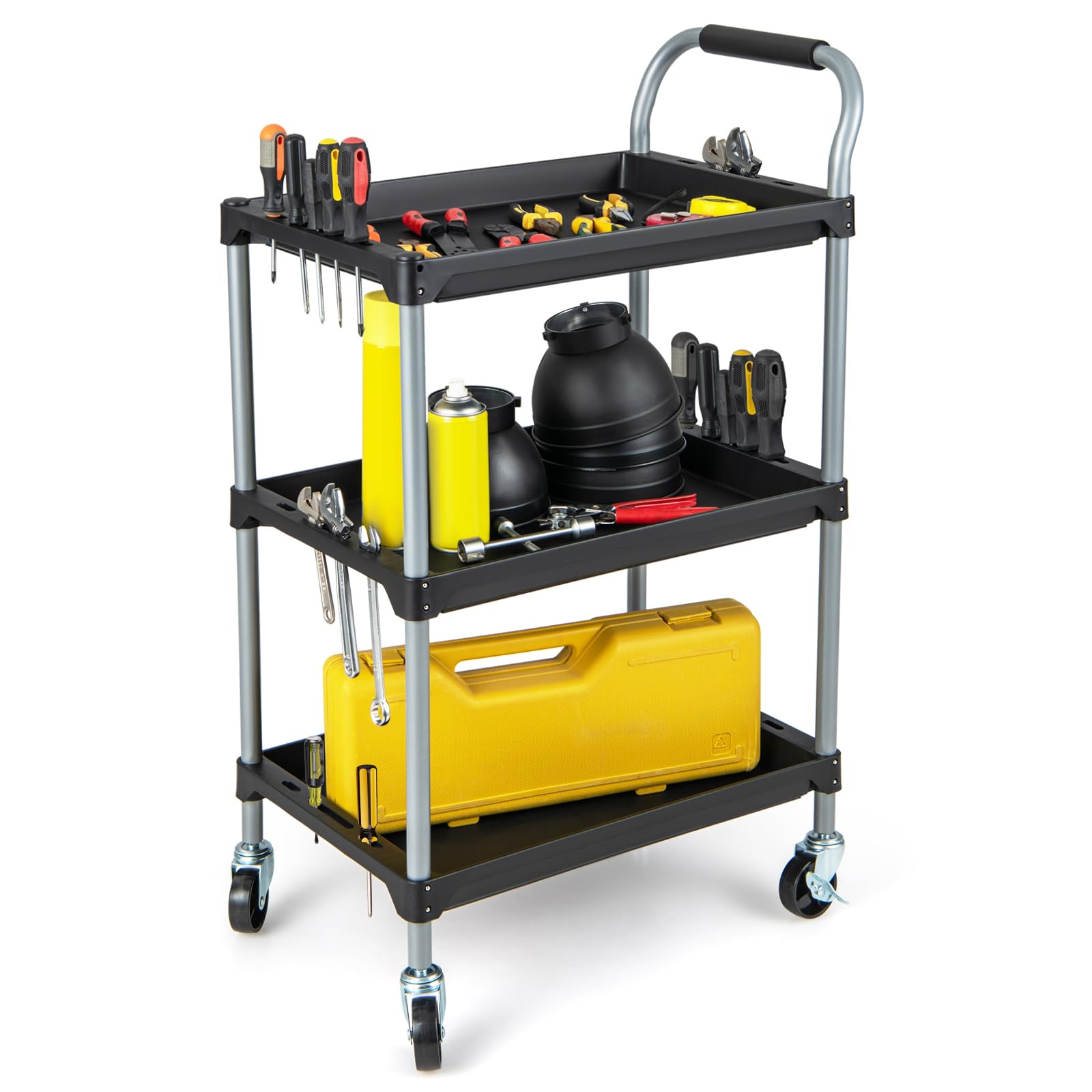COSTWAY Carro de Herramientas de 3 Niveles, Carro de Taller de Metal con 4 Ruedas Universales y Mango de Esponja, Carrito de Herramientas Multiusos para Garaje Mecánico Hogar (64 x 40 x 102 cm)