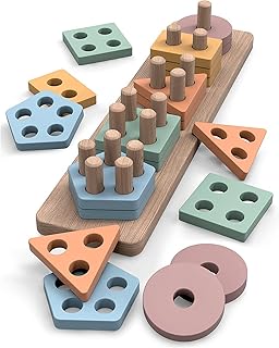 High Five Wooden Sorting & Stacking Toys - Geometric Sorting Board Educational Puzzle | Matching Puzzle with Lacing String | Montessori Developmental Toy