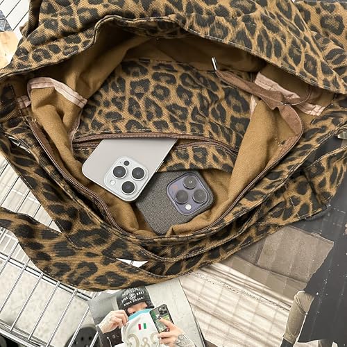Image of Cotton Tote Handbag Women Canvas Crossbody Beach Bag Hobo Shoulder Tote Bag with 3 External Pocket,Zipper Closure