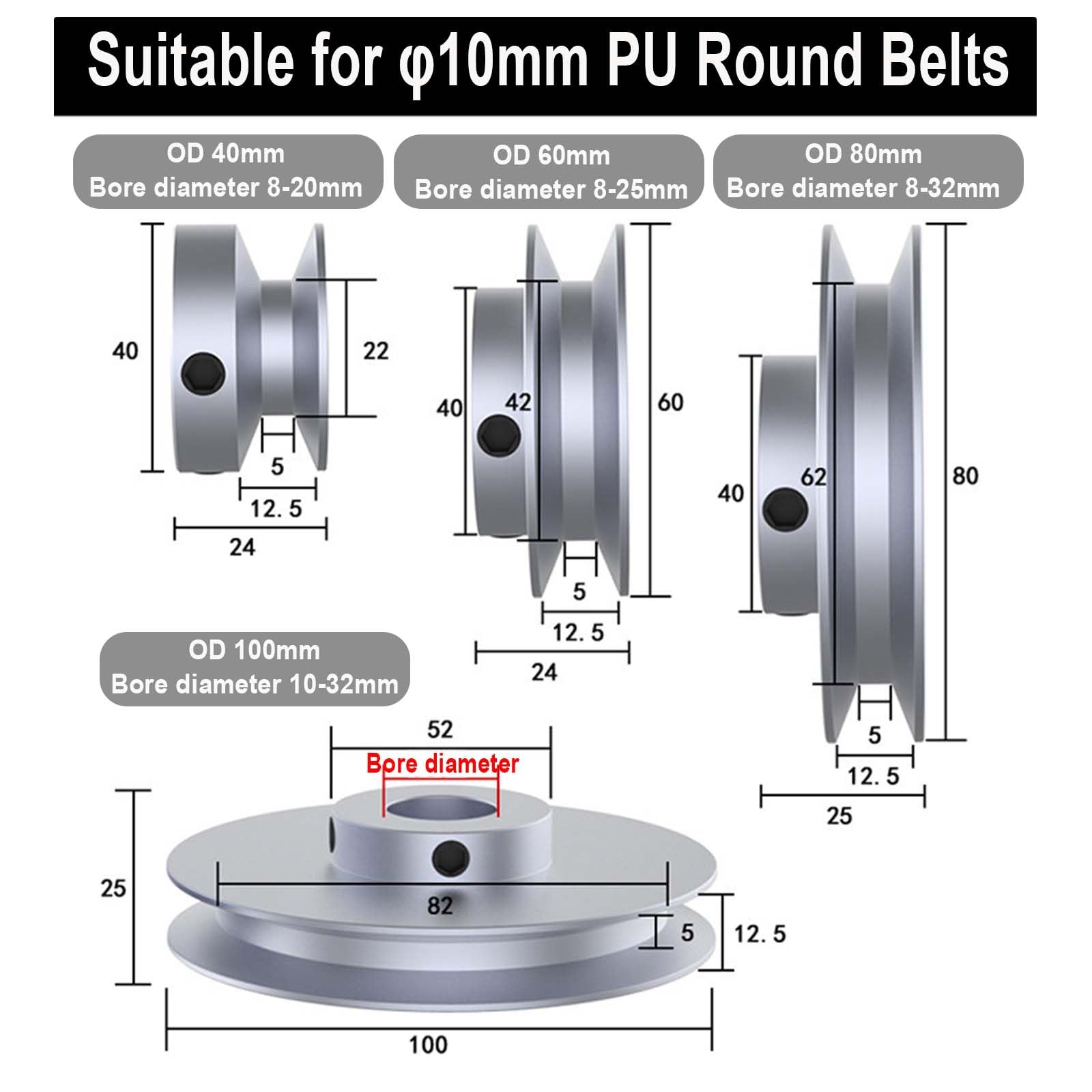 Poulie Ronde en Polyuréthane de 100mm de Diamètre Extérieur, Poulie Ronde en Alliage D'aluminium de 10mm à Gorge Unique de Type Trapézoïdal Ou Ovale, Roue Motrice (32mm)