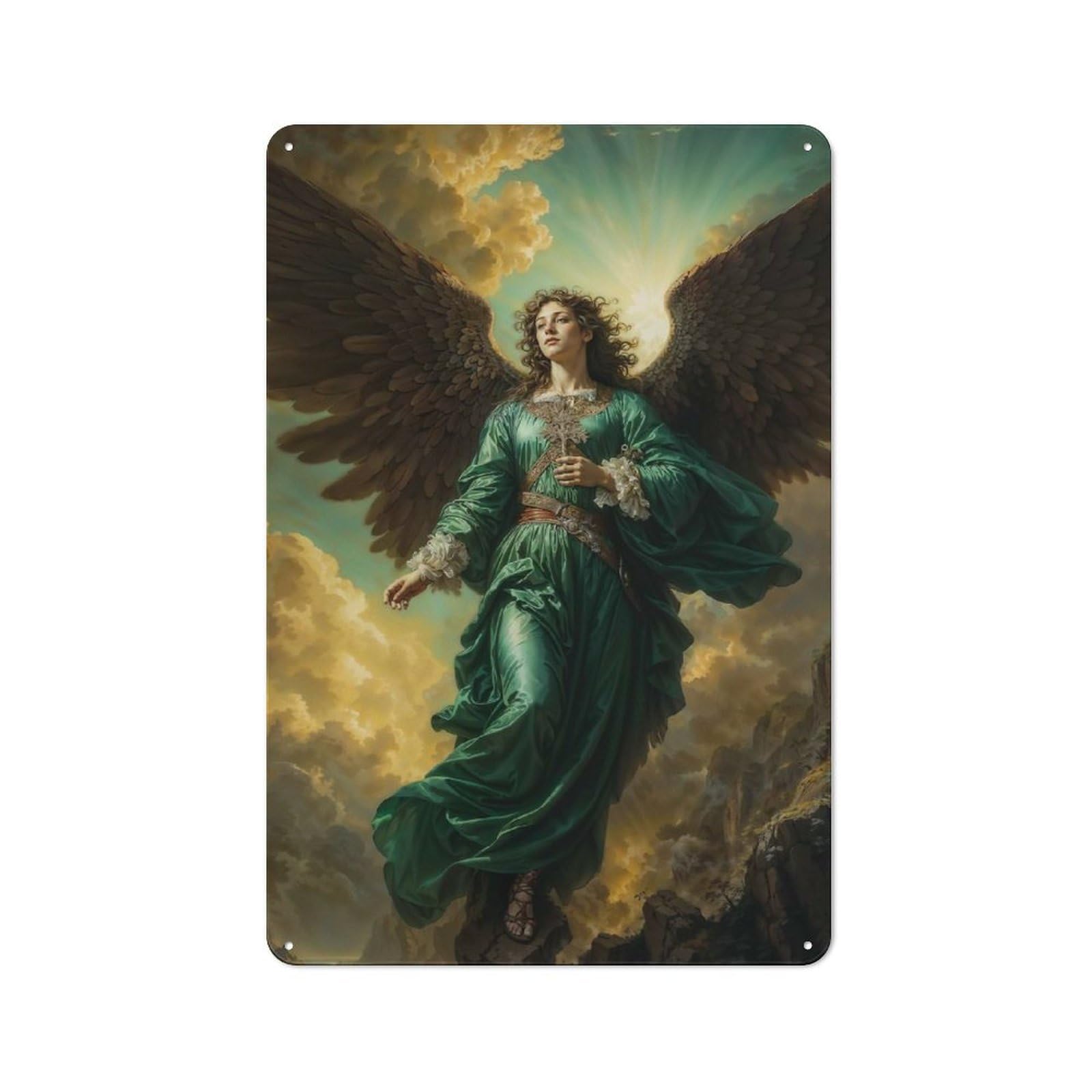 Rustic Archangel Raphael in Emerald Green Gown Tin Wall Plaque 30x20cm, Rustic Kitchen Decor for Cottage, Kitchen, Hallway Or Breakfast Nook