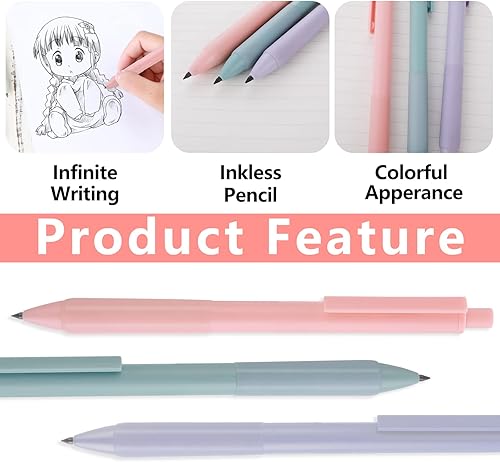 Miniatura 5 de TIESOME Paquete de 3 lápices mecánicos sin tinta con juego de 3 repuestos de minas adicionales, lápiz infinito, lápiz eterno de escritura ilimitada,