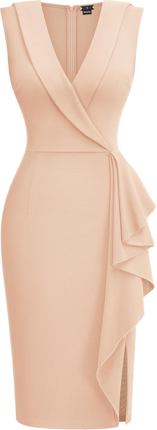 Miusol Women's V-Neck Ruffle Sleeveless Slim Business Work Pencil Dress