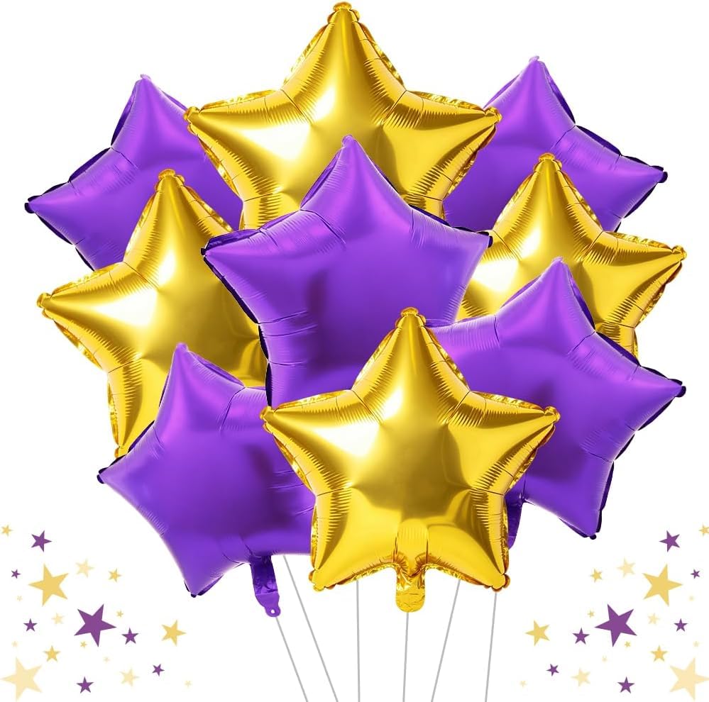 DecoGlee 15Pcs 18 Inch Large Purple Gold Star Shape Foil Balloons Big Stars Helium Mylar Ballons for Birthday Wedding Bridal Shower Anniversary Engagement Party Decorations Supplies
