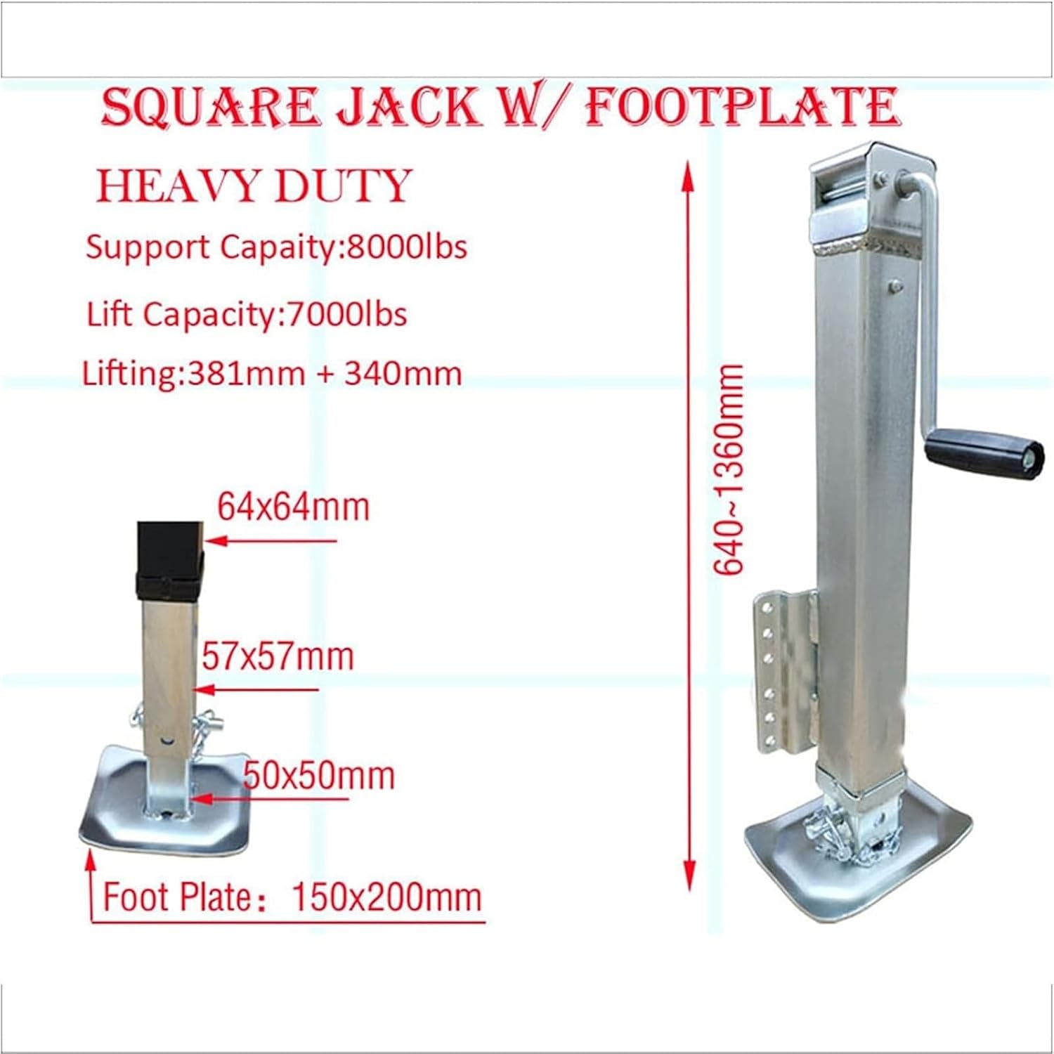 Heavy Duty Bolt On Jack with Footplate - Galvanized Hand-Cranked Square Tube Trailer Jacks, Capacity 7000 Lbs, 3 Section Adjustable Square Tube Rv Yacht Traile,10in lift/1550lbs