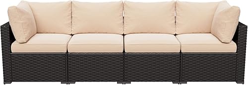 Aoxun Juego de muebles de patio de 4 piezas de mimbre de ratán para patio, sofá seccional para asientos al aire libre con cojín grueso, caqui