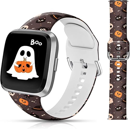 Correa deportiva de repuesto de silicona con diseño de calabaza y gato para Halloween, compatible con Fitbit Versa 2, Fitbit Versa, Versa Lite,