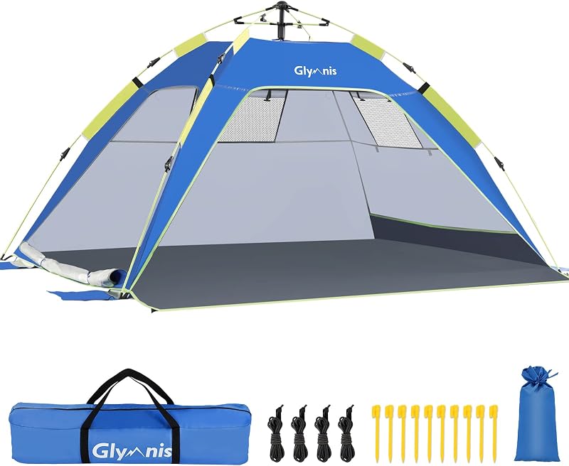 Pop Up Beach Tent for 3-4 Person, UPF 50+, Lightweight, Easy Setup | 190T Silver Coated, No Assembly, 2 Windows 2 Doors Ventilation, Extended Floor, Portable Carry Bag