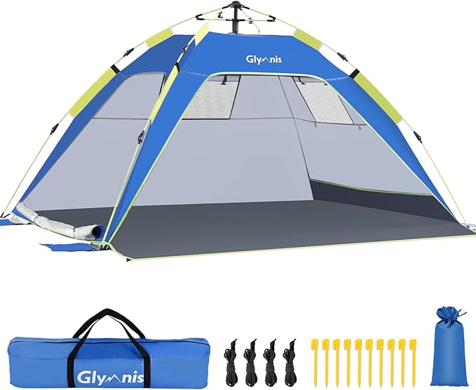 Glymnis Tenda da Spiaggia Quick-up Tenda Istantanea Portatile Protezione Solare UPF 50+ per 3-4 Persone, Dimensione di 215 x 150 x 115cm con 2 Finestre a Maglie e 2 Porte