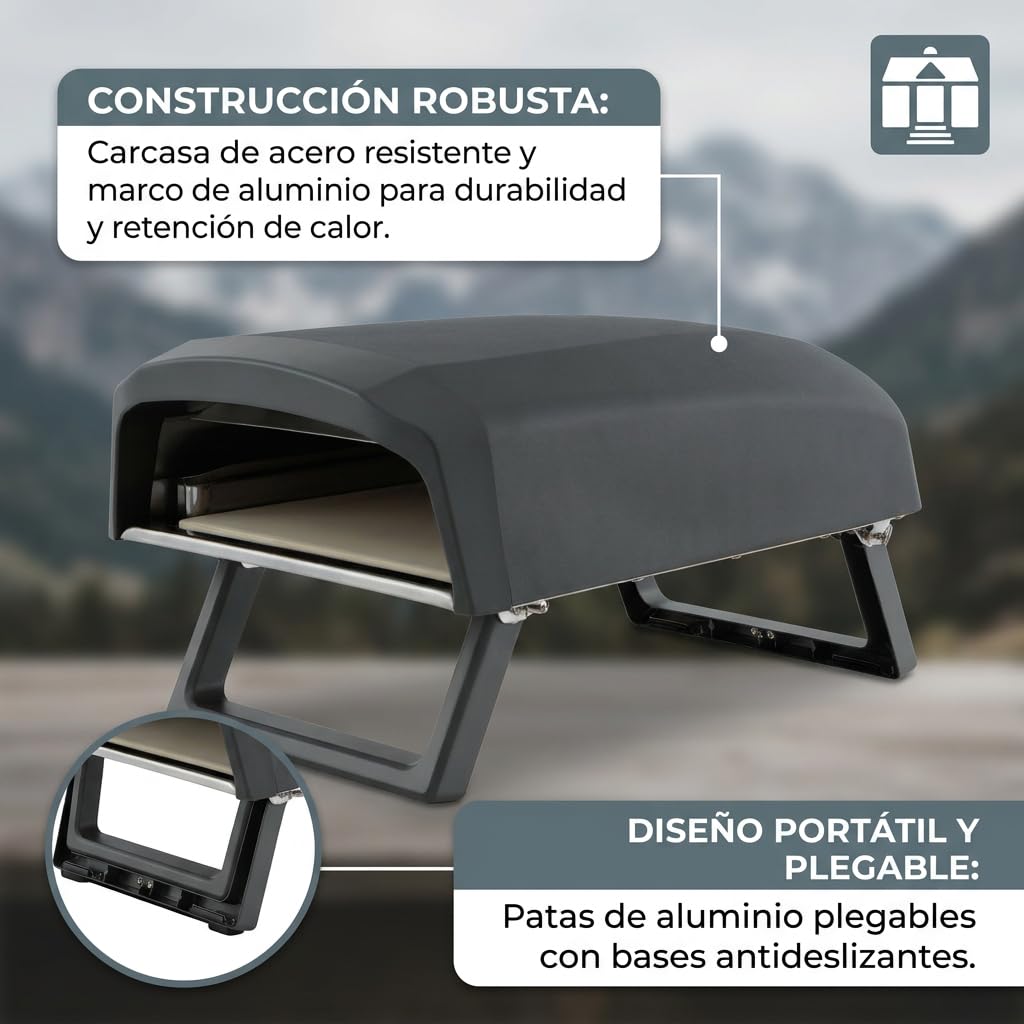 Tarrington House Horno de Gas para Pizza Fornaro, Acero Negro, 64 x 41 cm, con Piedra Cerámica 33 x 33 cm, Quemador 4 kW, Patas Plegables