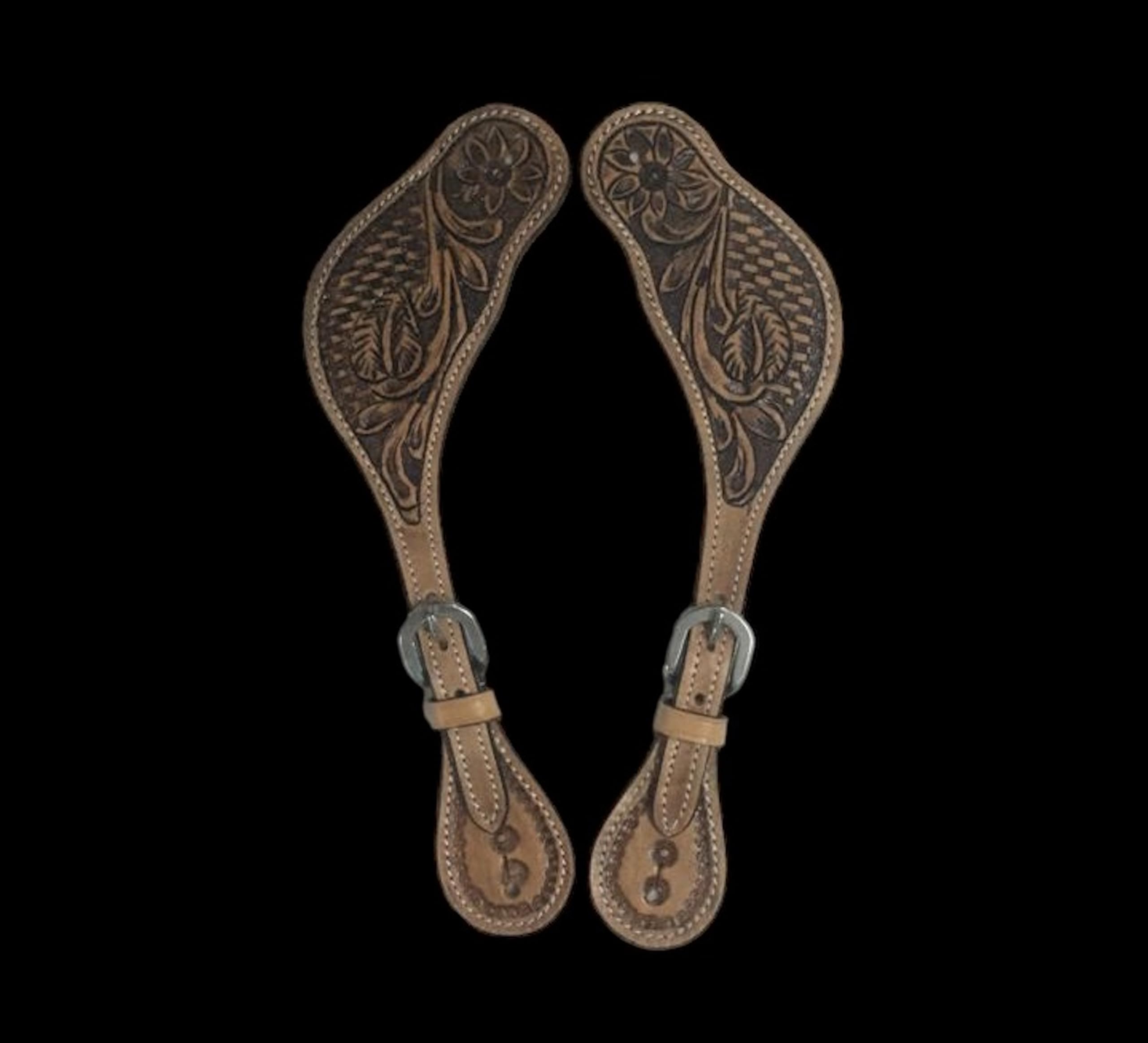 Majestic Ally Western Spur Straps, Genuine Leather, Antique Hand Tooling, Adjustable Stainless Steel Buckle (NAT) - Image 4