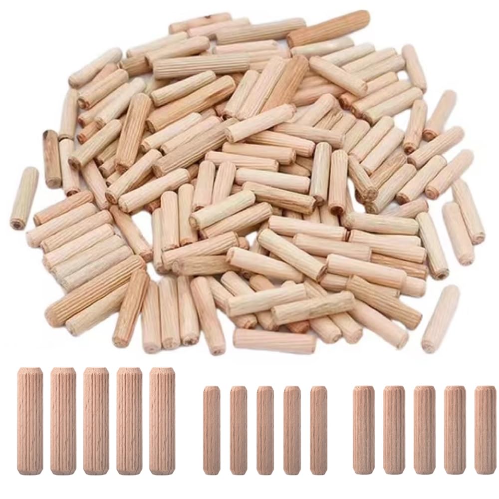Fluted Wood Dowel Pins, 105Pcs Fluted Wood Dowels Rods 1/4inch 5/16inch 3/8inch, Hardwood Crafts Dowel Pegs for Crafts, Furniture, DIY Manual (105