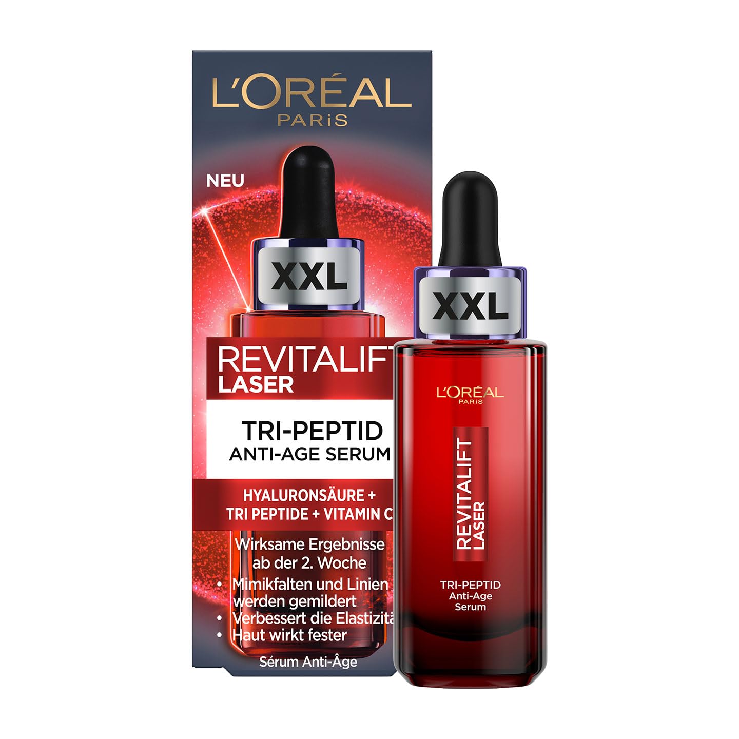 L'Oréal Paris XL Anti-Aging Serum, Straffendes Tri-Peptid Gesichtsserum gegen Falten, 3in1 Wirkung mit Argireline-Peptid, Hyaluronsäure & Vitamin C, AMAZON EXKLUSIV, Revitalift Laser, 1 x 50ml