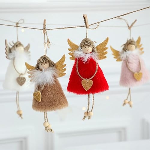 Miniatura 5 de FZBNSRKO 4 adornos de Navidad de ángel de peluche para decoración de árbol de Navidad blanco rosa caqui rojo