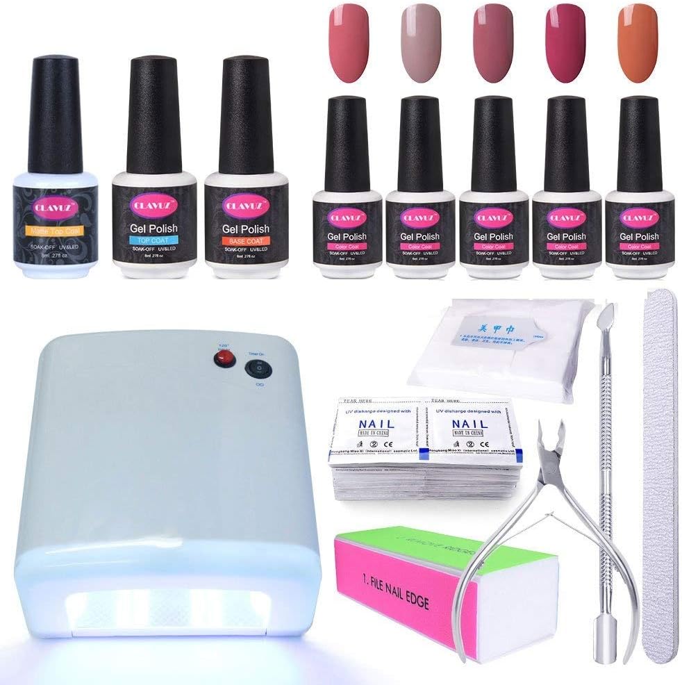CLAVUZ Gel Nail Polish Kits with UV Light Lamp Top Coat Base Coat New Starter Manicure Pedicure Nail Art Tool Sets