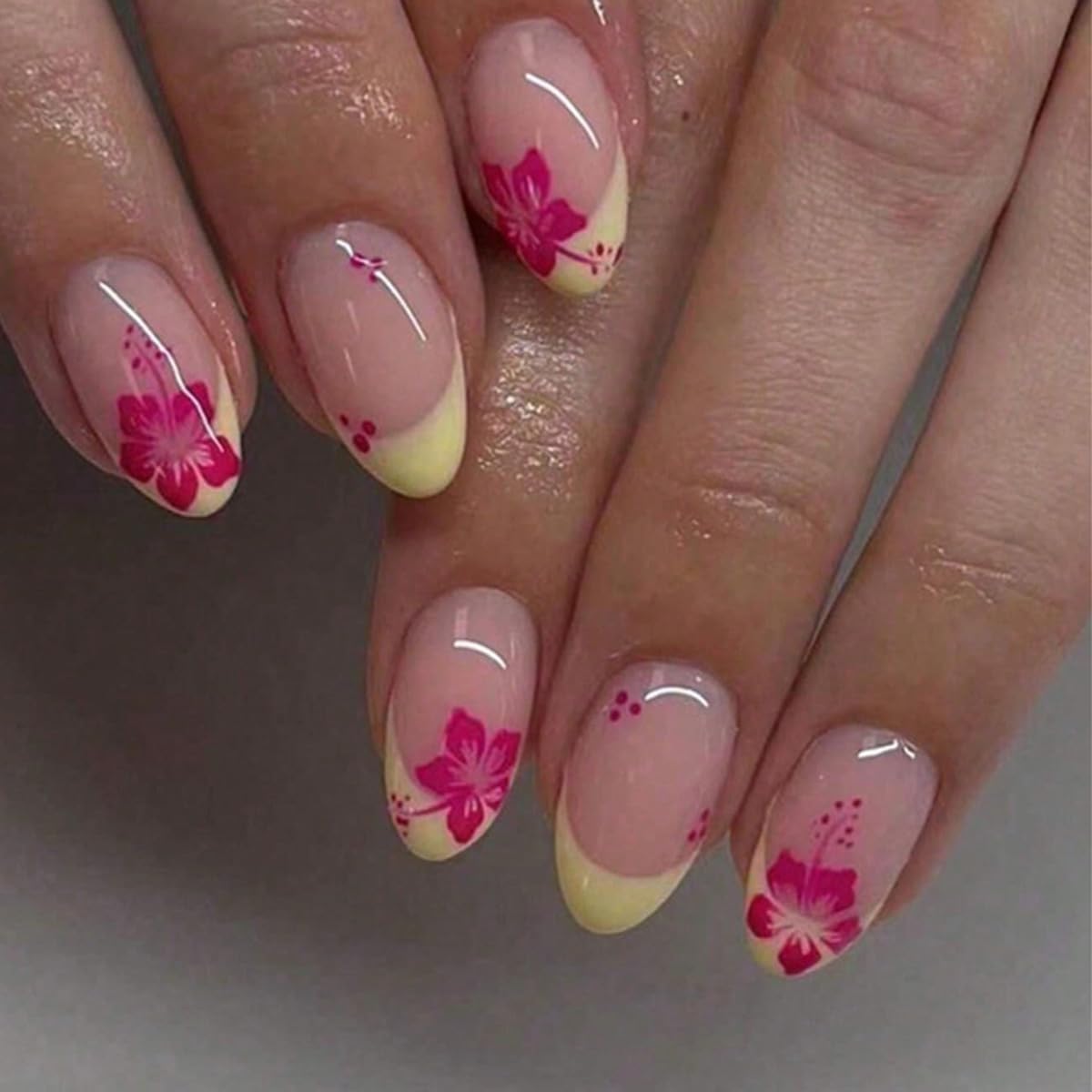 SXVME Yellow French Tip Press on Nails Short Oval, Flower False Nails Short Almond - Image 2