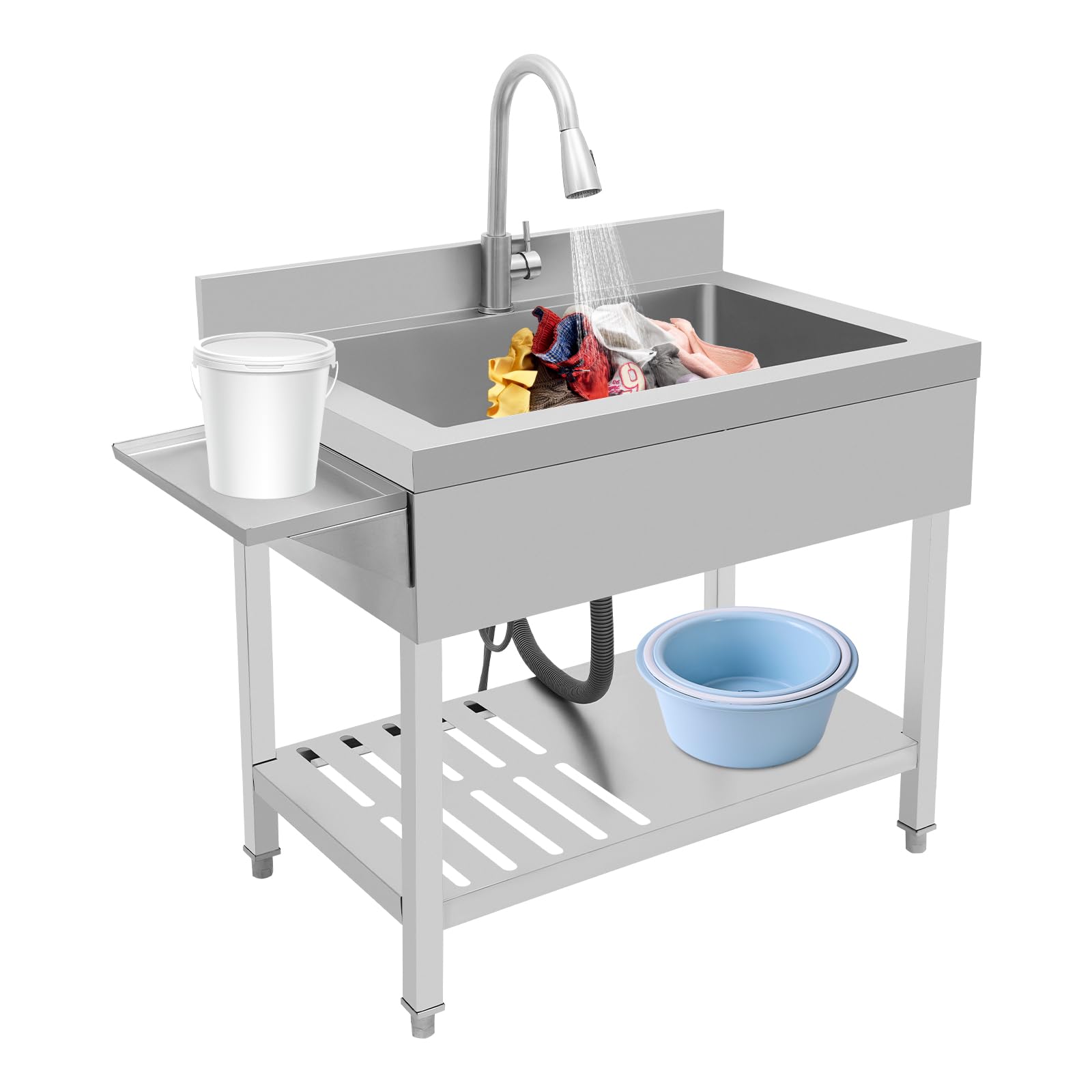 Fregadero de cocina independiente, 90x57x94 cm, acero inoxidable, grifo extraíble, lavabo portátil para catering