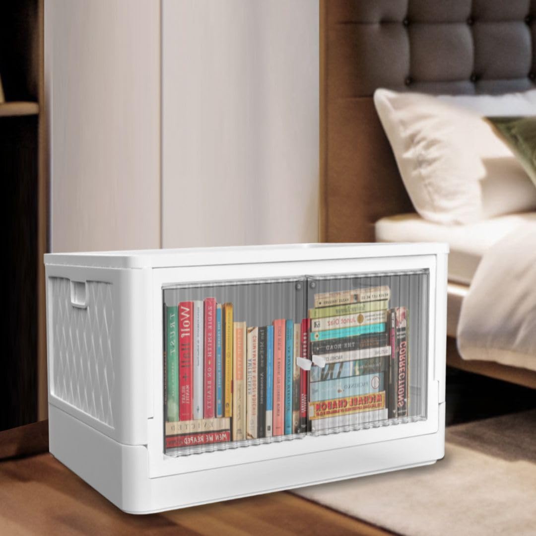 HomeStrap Large Plastic Stackable Storage Box with Wheels (Pack of 1) | Collapsible/Foldable Storage Bins with Door | Space-Saver Organizer with Door (White)