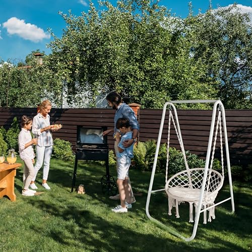 Image of Inditradition Hammock Swing Chair with Metal Stand & Seating Pillow (Combo Pack) | Heavy-Duty Hanging Chair with Stand for Indoor & Outdoor (60x32 Inches, Elegant White)