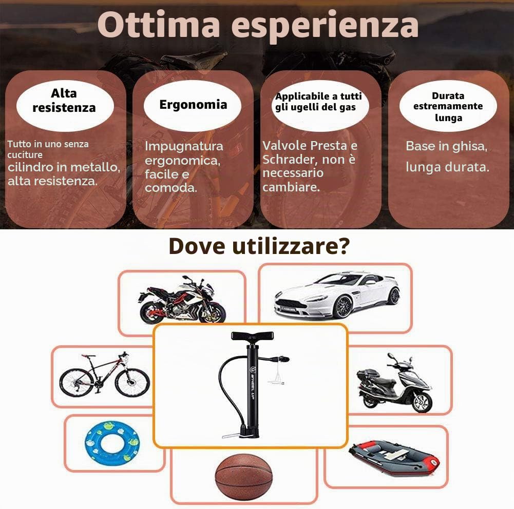 Letton Pompa da pavimento portatile per bicicletta 8 bar valvole Presta Schrader ago multifunzione