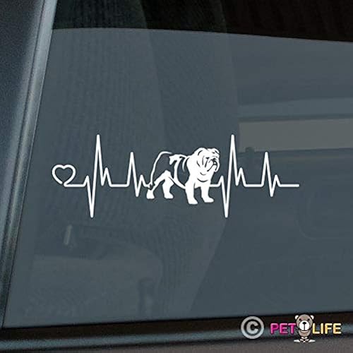 Mister Petlife British Bulldog Heartbeat Lifeline - Adhesivo de vinilo para ventana de auto, diseño de perro inglés, blanco, 8.00 x 2.67 pulgadas
