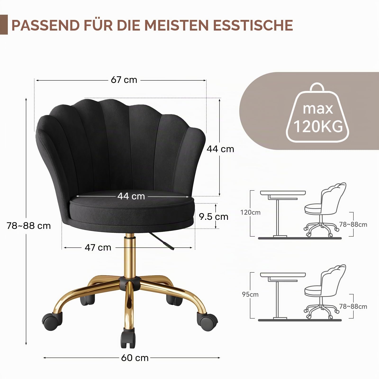 Aivermeil Schminkstuhl mit Kissen, Rollen & Höhenverstellung, Schwarz | Samtbezug; Kissen; 360° drehbar; Blütenblatt-Rückenlehne; Bürostuhl für Homeoffice & Schminktisch; bis 120 kg