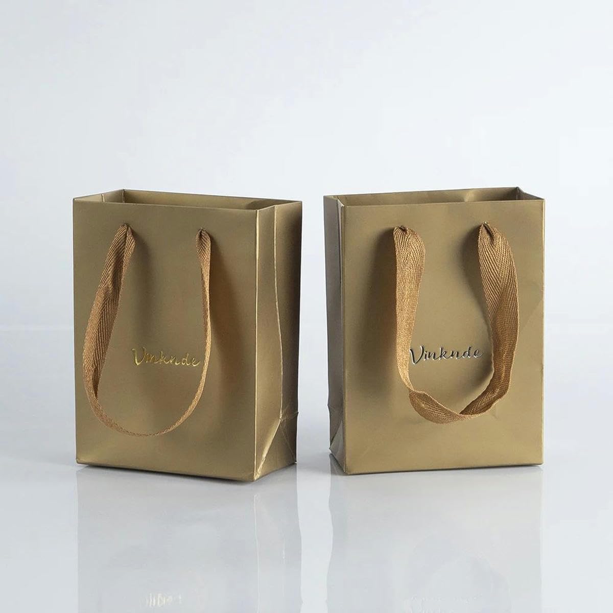 50 pezzi di stampa personalizzata con logo in oro bianco, piccole borse di carta in cartone, borse per la spesa in carta con manico in nastro-senza logo-14x7x15 cm